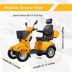 4 Wheel Fully Enclosed Mobility Scooter 1500W 3-Speed 40 Mile 660lb Capatity