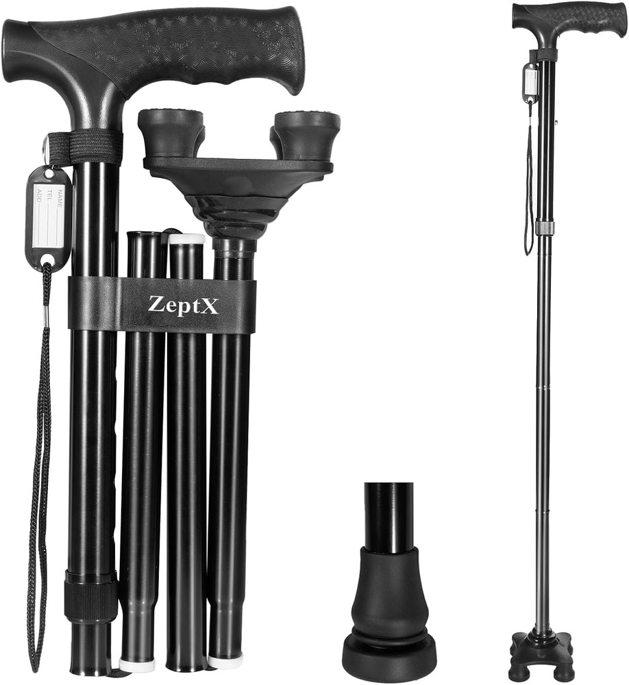 Folding Quad Cane Lightweight Height Adjustable Non-Slip Free Standing
