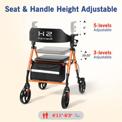 Foldable Rollator Walker for Seniors with Seat, 8″ Wheels, Dual Height Adjust