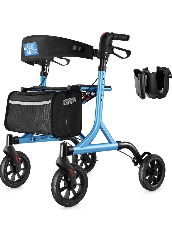 WALK MATE ROLLATOR WALKER Padded Seat & Backrest Cup Holder 8”Wheels Blue