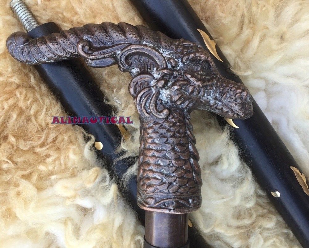 Aluminium Dragon Head Brass Wood Handle Walking Cane Shaft Vintage Look Stylish