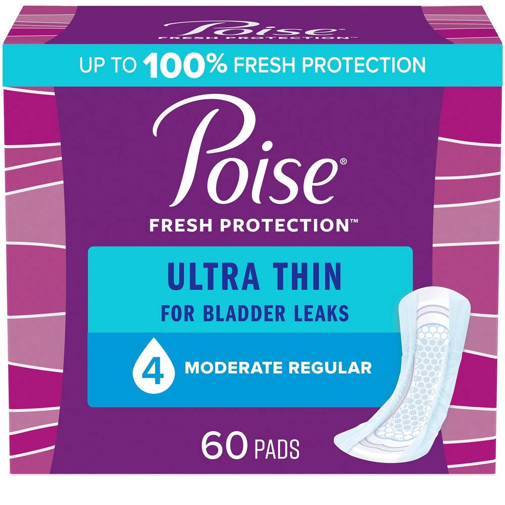 Poise Ultra Thin Pads Moderate 60 Count Regular Length 1024″ Long PK of 60