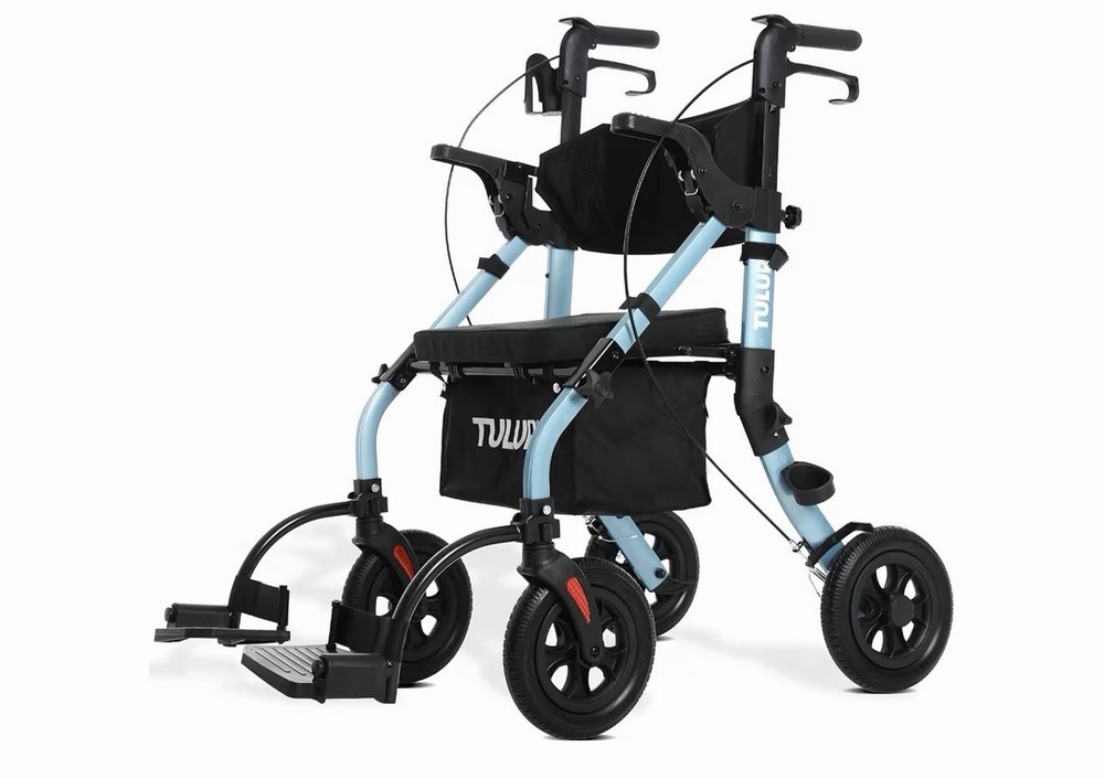 TULUR 2 In 1 Rollator Walker Transport Chair, Blue, Padded Seat, Adjustable