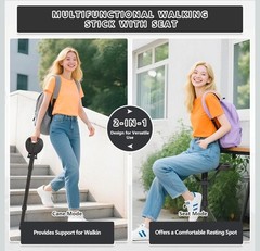 VIVETERA Folding Walking Stick with Seat, Triple-Leg Cane Stool, 330 lbs