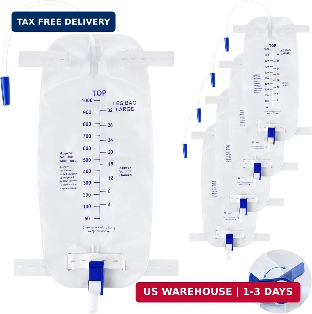 5PCS 1000ml Leg Bag Urinary Drainage Bag with 12″ Tube, Anti Reflux Valve | 33.8