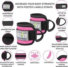 Ankle Straps for Cable Machine (PAIR) – Adjustable Padded Cuff Leg Pink