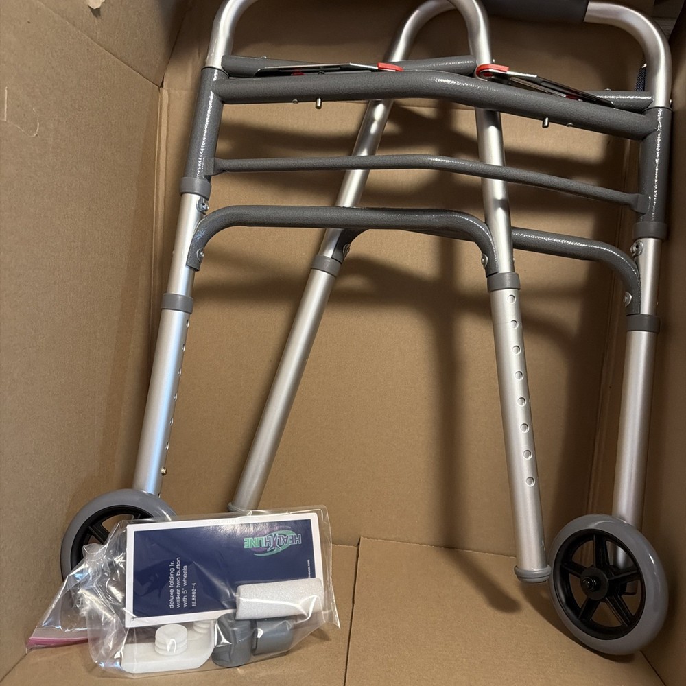 HEALTHLINE Junior Folding Walker Lightweight Deluxe 2 Button 5inch Wheels NEW