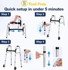 Lightweight Folding Walker with Wheels, Adjustable Height, Supports 350 lbs, Inc