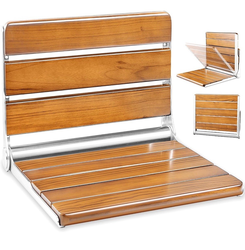 20” Folding Teak Shower Seat Wall Mounted – Fold Down Bench, 400 lbs Capacity