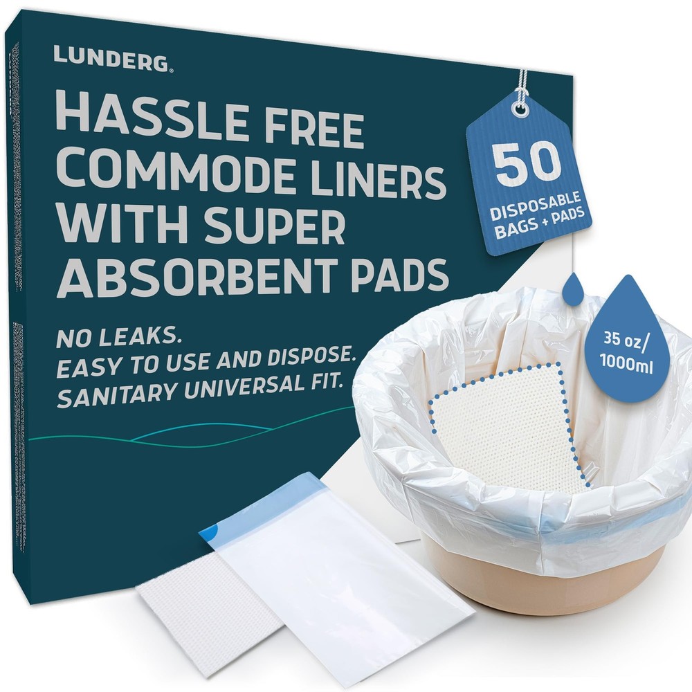 Lunderg Commode Liners with Absorbent Pads – Value Pack Medical Grade 50 Count U