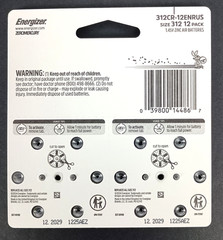 Six 12-packs ENERGIZER 312 1.45V Hearing Aid Battery Exp 12/2029 – 72 Batteries