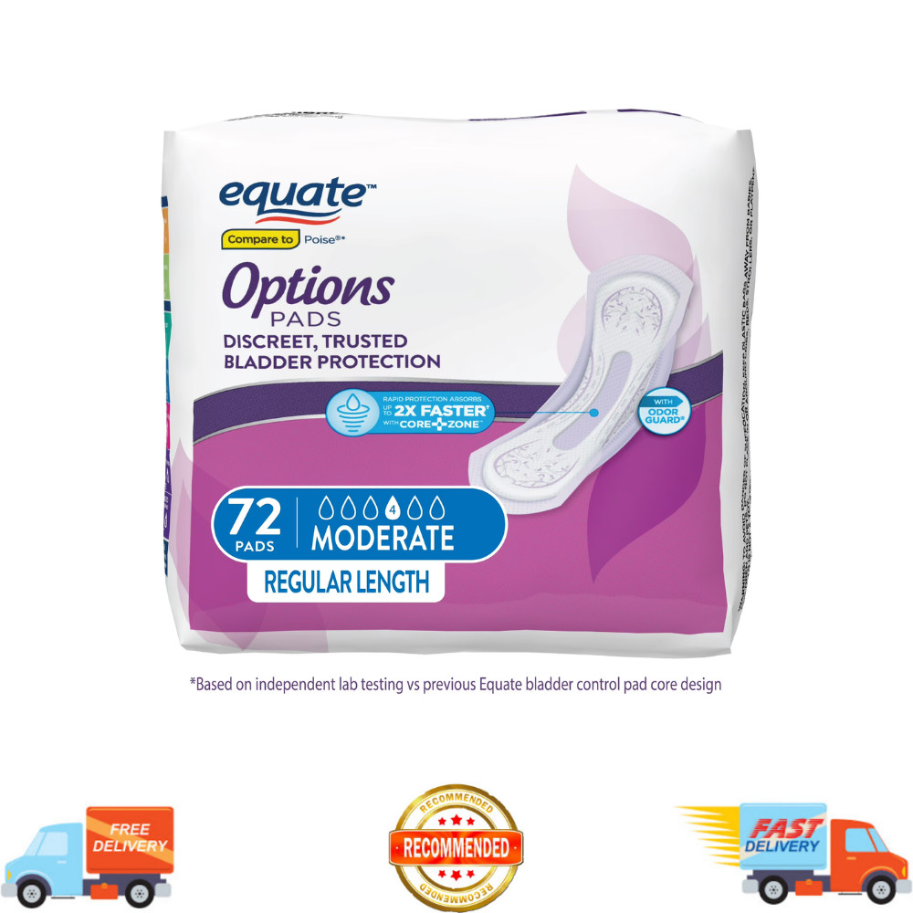 Equate Options Incontinence Pads for Women Moderate Regular Absorbency 72 Count