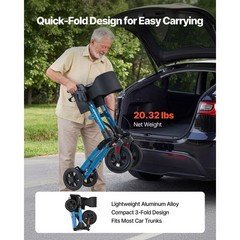 Uimoso Compact 3-Fold Rollator Walker for Seniors, Supports Up to 300 lbs