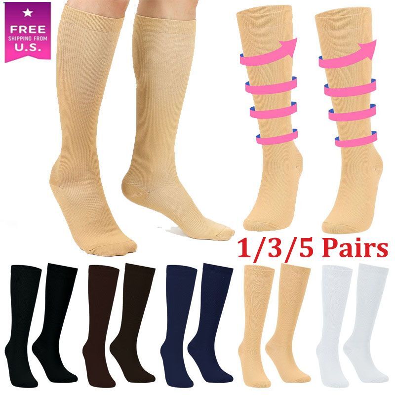 Womens Mens Compression Socks Stockings Knee High Medical Solid S/M L/XL 2XL