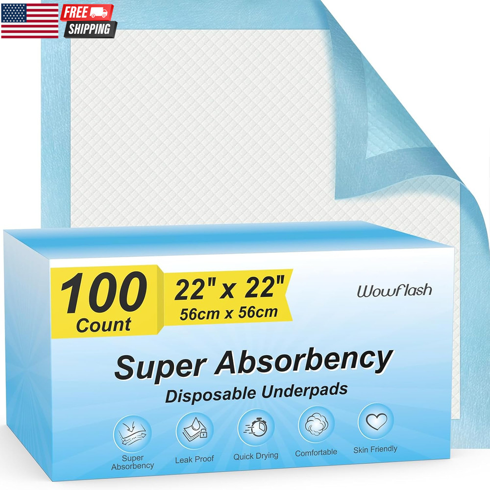 100 Count 22” X 22” Super Absorbency Disposable Underpads, Leakproof Quick Dryin