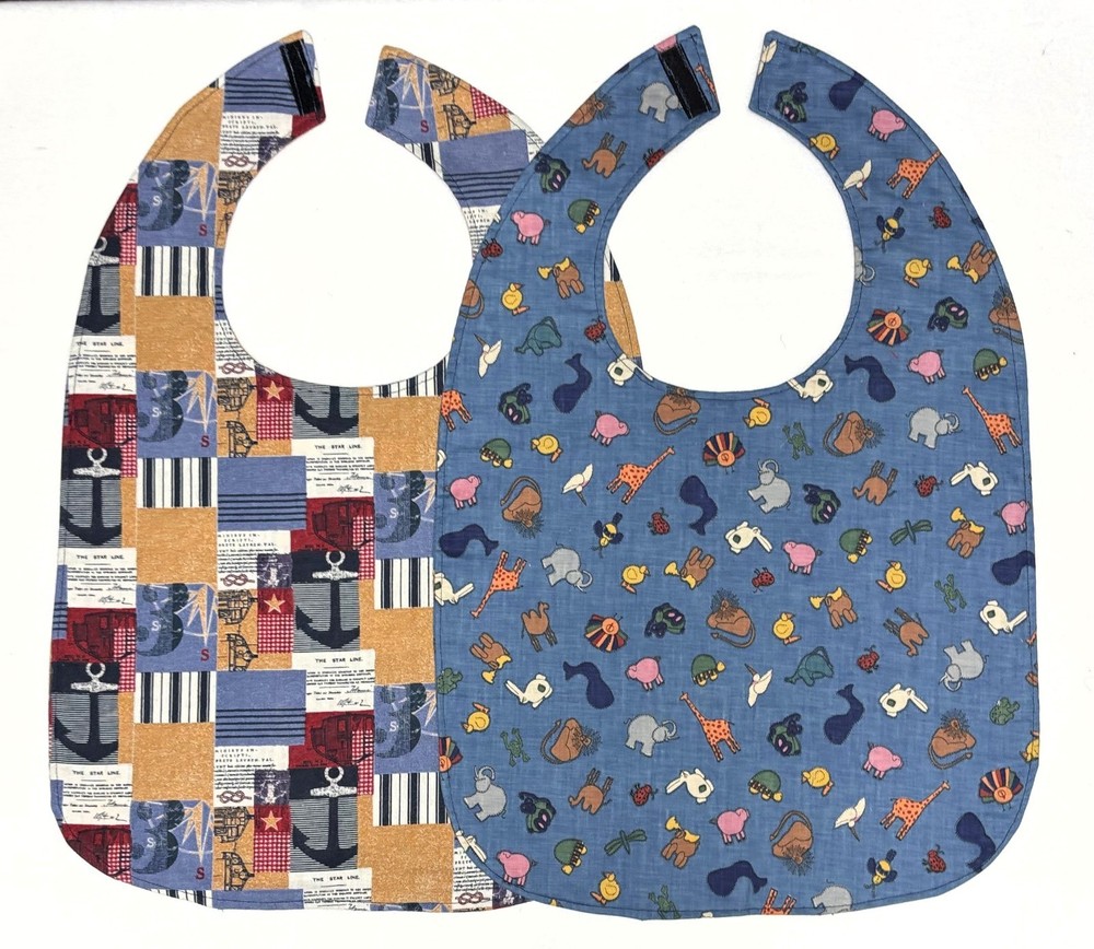 Adult Bibs 2 Pack Special Needs Elderly Handmade Reversible Blue NEW