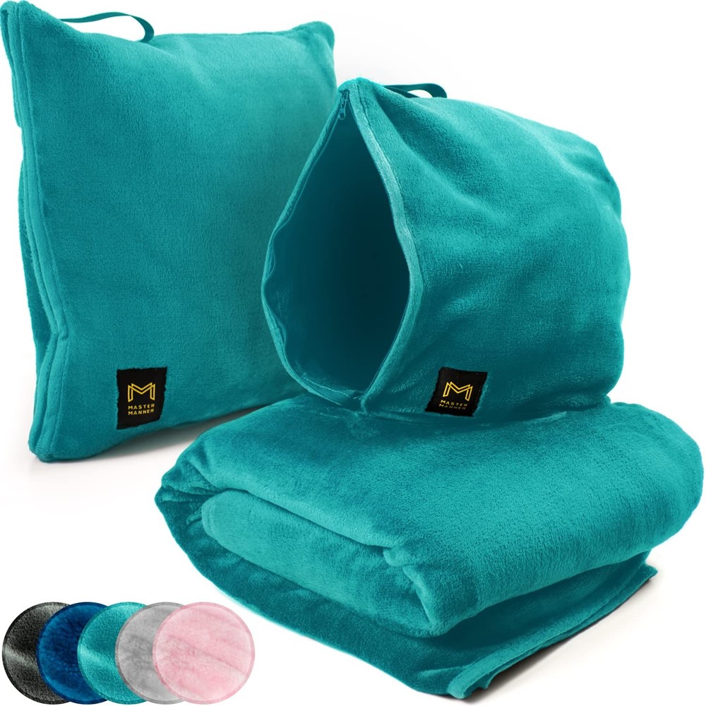 MasterManner Travel Blanket Airplane Compact with Hoodie – 2in1 62×41“, Teal