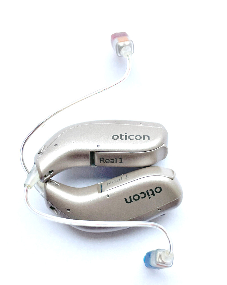 Used, 2x Oticon Real 1 miniRITE (312 batt.) Beige Color + Speakers Size 3/85db