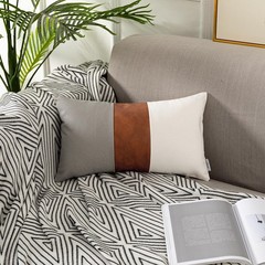2 Pack 12×20 Inch Lumbar Pillow Covers, Brown Faux Leather & Gray White Cotto…