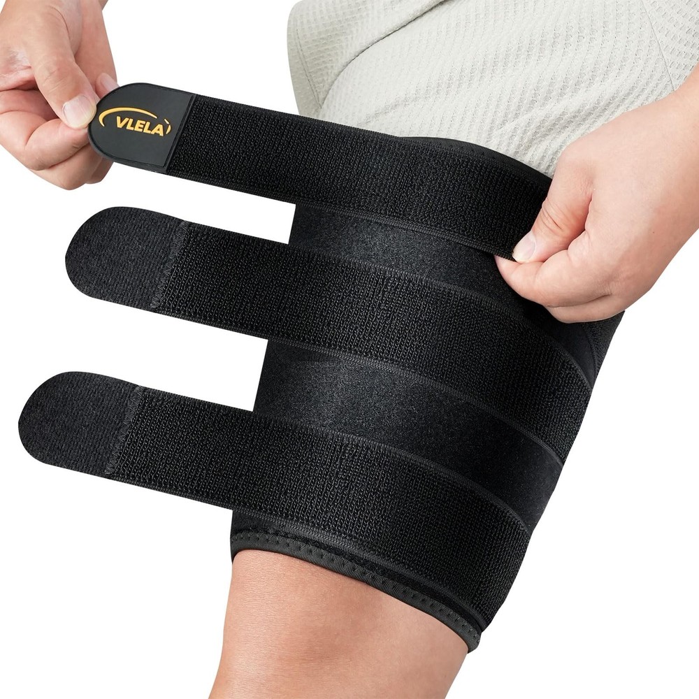 Hamstring Compression Sleeve with 3 Adjustable Straps,Thigh Small, Black