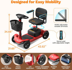 S1 Folding 4-Wheel Mobility Scooter for Seniors – 25-Mile Range, Red