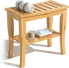Sturdy Shower Bench with Storage Shelf – Natural Look – 18.9″x18.11″x9.96″