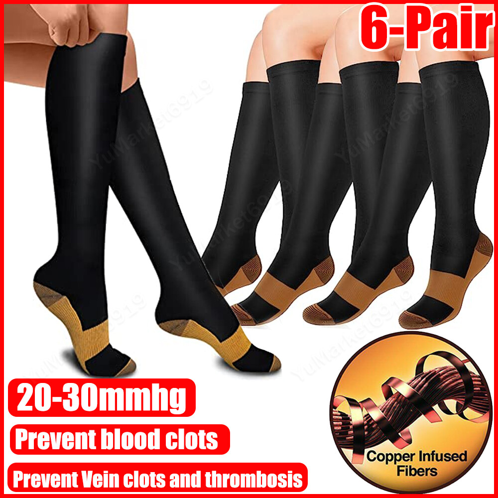 6 Pairs Copper Compression Socks 20-30mmHg Graduated Support Mens Womens S-XXL