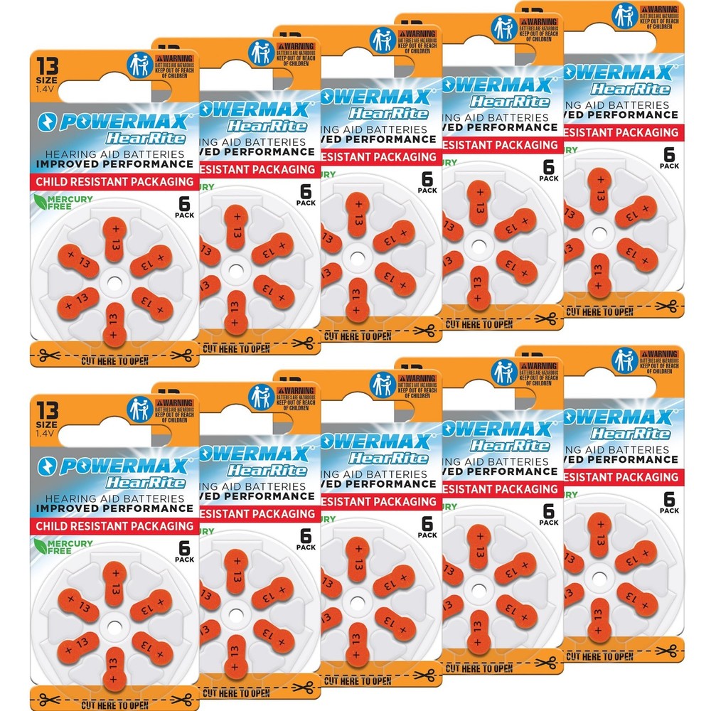 Long-Lasting Hearing Aid Batteries Size 13, 60 Count, Easy Change Orange Tab