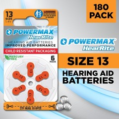 Powermax Size 13 Hearing Aid Batteries, 180 Count Long-Lasting Battery Pack, Ora