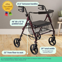 Large Extra Wide Aluminum Bariatric Rollator Walker with Seat, Burgundy, 400 Lb.