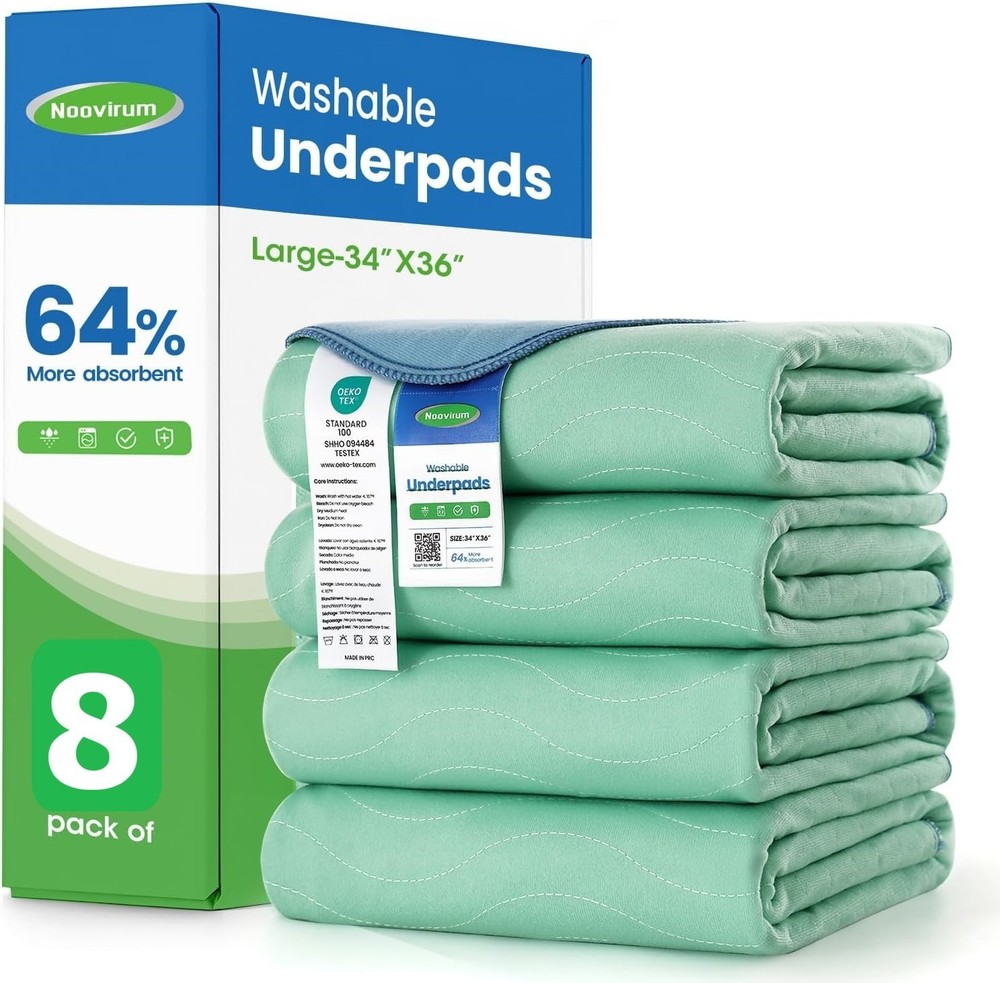 Noovirum® Washable Underpads, 34″x36″, 8 Count (2 Packs of 4), Green