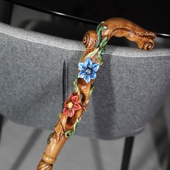 Flower field Elegant Light Wood Hand and Hand Painted Carved Walking Stick