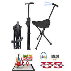 Lightweight Foldable Walking Cane with Seat Adjustable Height LED Light Support