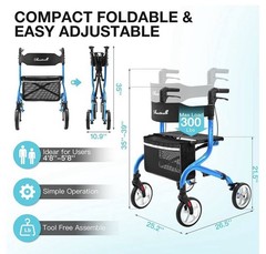 Planetwalk Rollator Walker Super Lightweight Non Slip Rubber Wheels 300lbs Blue