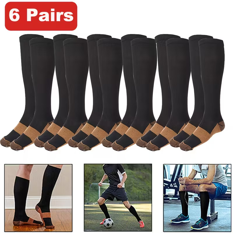 (6 Pairs) Copper Compression Socks 20-30mmHg Graduated Support Mens Womens S-XXL