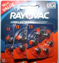 Rayovac (Made in USA) 5 PACKS of 18 = (90) Hearing Aid Batteries LOT Size 13