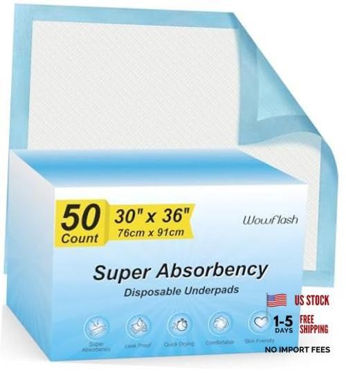 Wowflash Super Absorbency Disposable Leakproof Underpads 50 Count 30″ x 36″