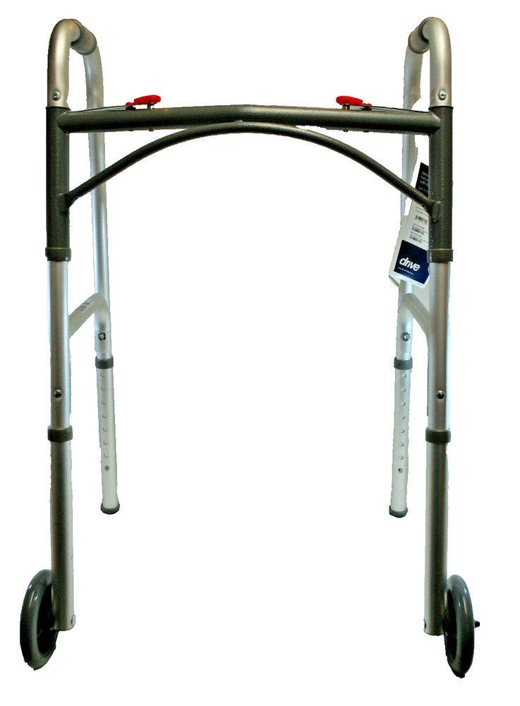 Drive Deluxe Folding Walker #10210-4ASM Two Button w/5″ Wheels 350lbs Cap M4944