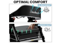 BlessReach Heavy Duty Rollator Walker For Seniors Wide Seat Backrest 450lbs Gray