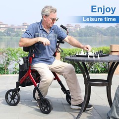 Heavy Duty Folding 300lb Rolling Wide Seat Rollator Walker With 4 Wheels Red USA