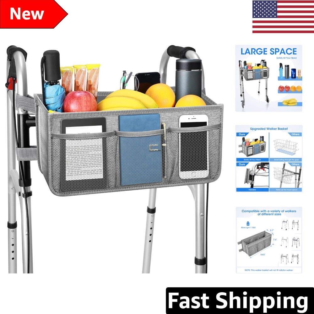 Upgraded Grey Walker Basket with Cup Holder – Foldable Large Capacity Design