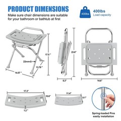 Folding Shower Chair Seat – 17.5″ Stainless Steel, Portable Anti-Slip Bath Stool