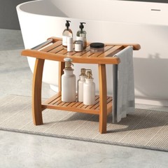 2-Tier Teak Wood Bath Storage Bench Shower Stool With Curved Seat and Handles