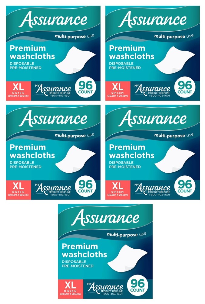 480 Count Assurance Premium Disposable Washcloth Pre-moistened Size XL -5x 96ct