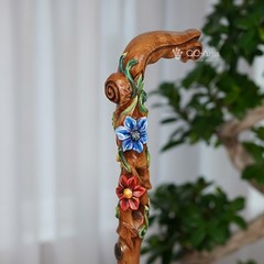 Flower field Elegant Light Wood Hand and Hand Painted Carved Walking Stick