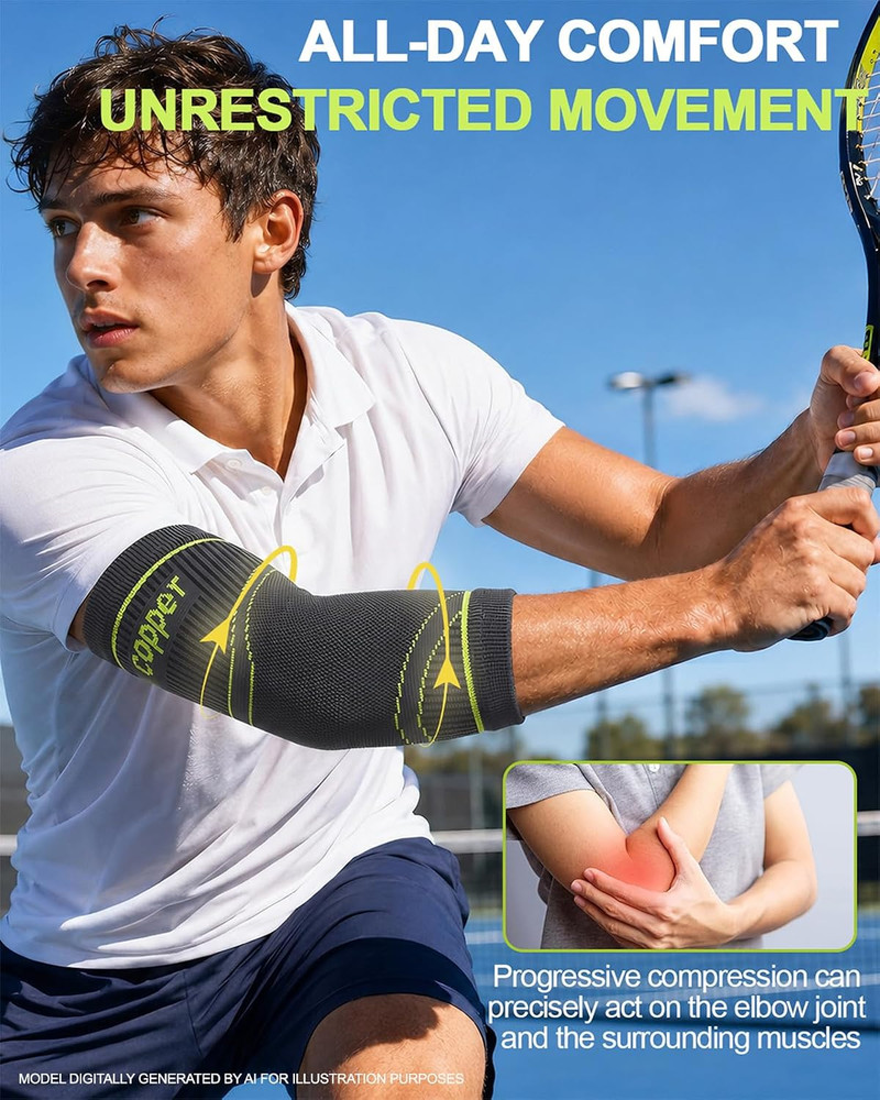 Elbow Compression Sleeves (2 Pack), Copper Elbow Brace for Tennis & Golfer’s …