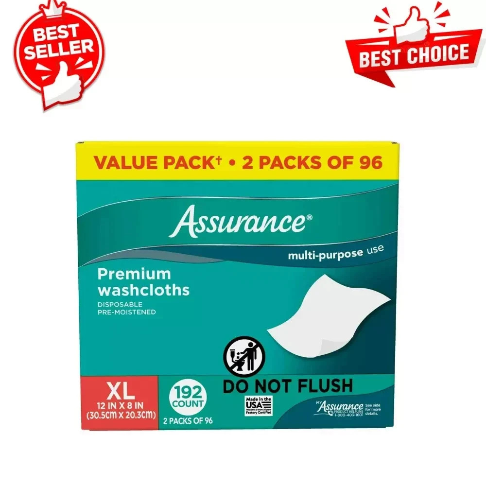 Assurance Premium Disposable Premium Washcloth Wipes, 12 in x 8 in, XL 192 Count