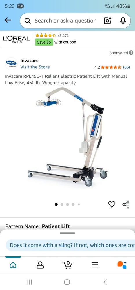 Invacare RPL450-1 Reliant Electric Patient Lift with Manual Low Base, 450 lb.