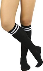 Women’s Knee High Socks with Striped Top One Size Double Striped: White