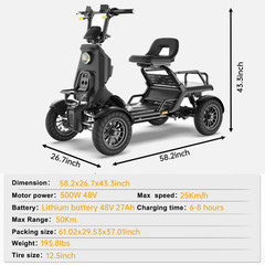 500W All Terrain 4 Wheel Mobility Scooter 48V 27Ah 50KM Range For Beach Lawn US